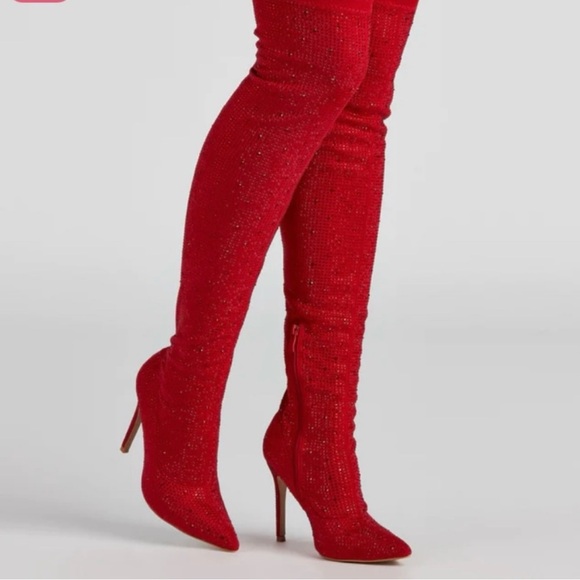 Red Rhinestone Heeled Boots - Picture 4 of 4